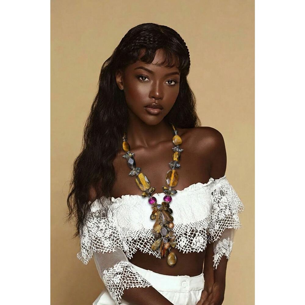 VTG Tiger Eye & Faux Pearl Brown & Gold Beaded Necklace And Bracelet 30”